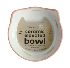 Dexypaws Ceramic Elevated Cat Bowl White with Pink Floral Print