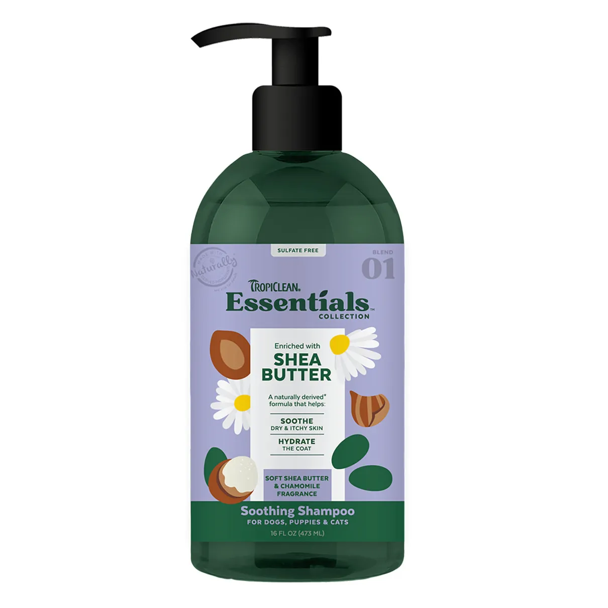 Tropiclean Essentials Shea Butter Soothing Shampoo for Dogs, Puppies & Cats 16oz